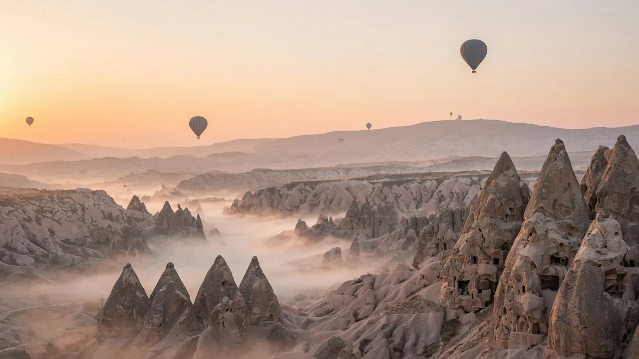 Kapadokya'da gün doğumunda peri bacaları ve uzakta sıcak hava balonları